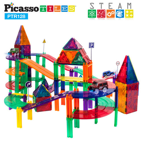 Picasso Tiles segulkubbar  - 128 stk. BÍLABRAUT + 3 led bílar