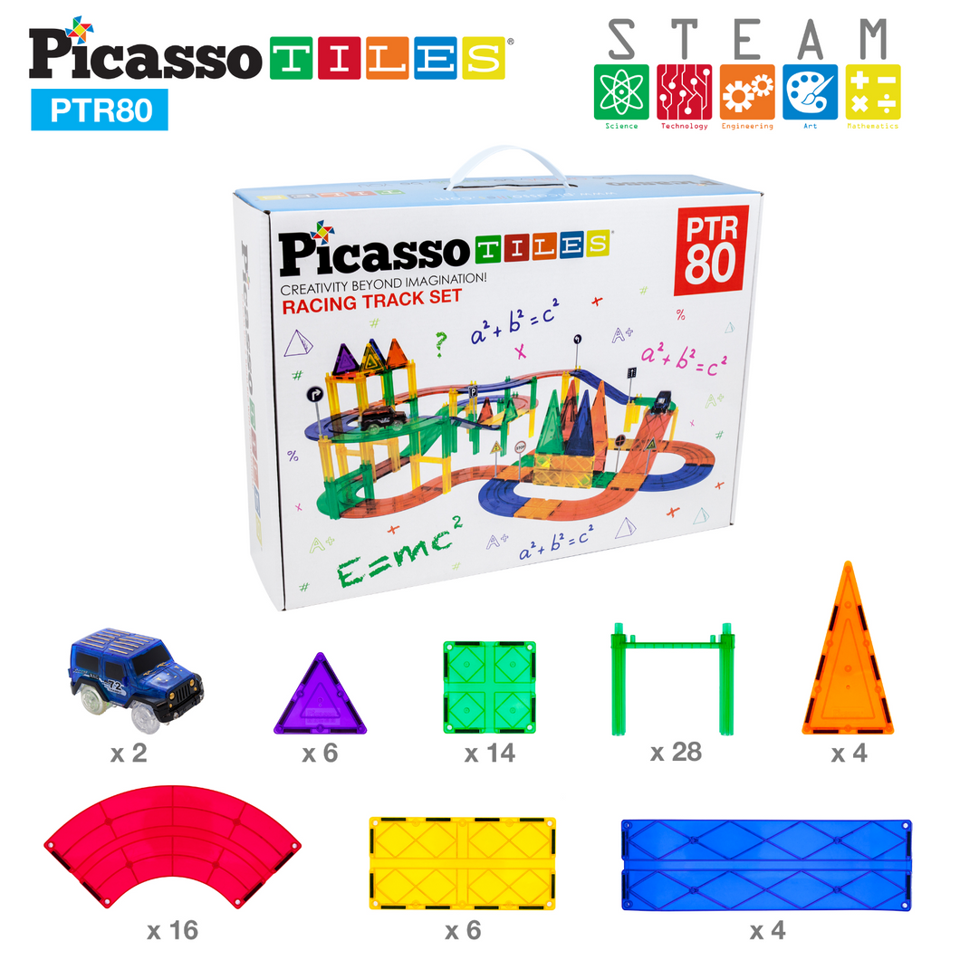 Picasso Tiles segulkubbar - 80 stk. BÍLABRAUT + 2 led bílar